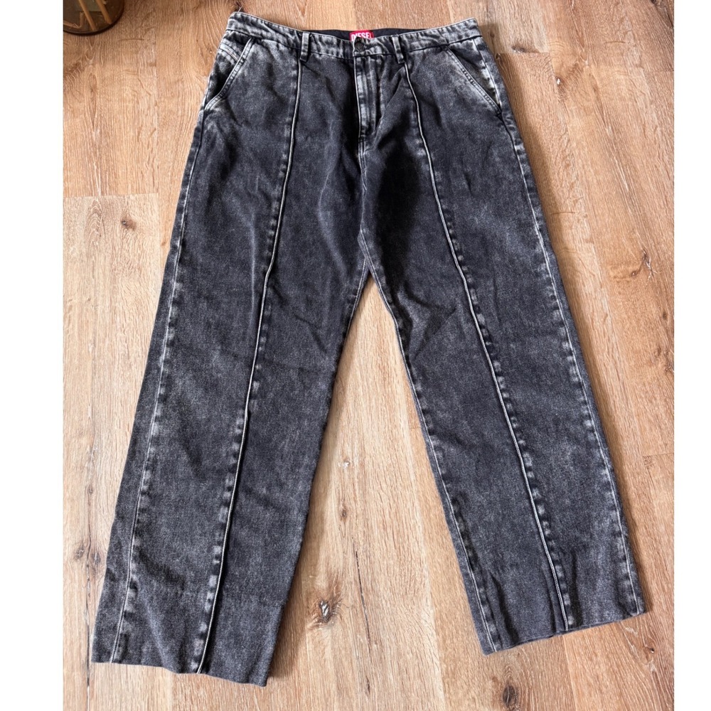 Diesel D-Chino-Work Acid Wash Denim Wide Leg Pants Mens 34 Black Grey A03918